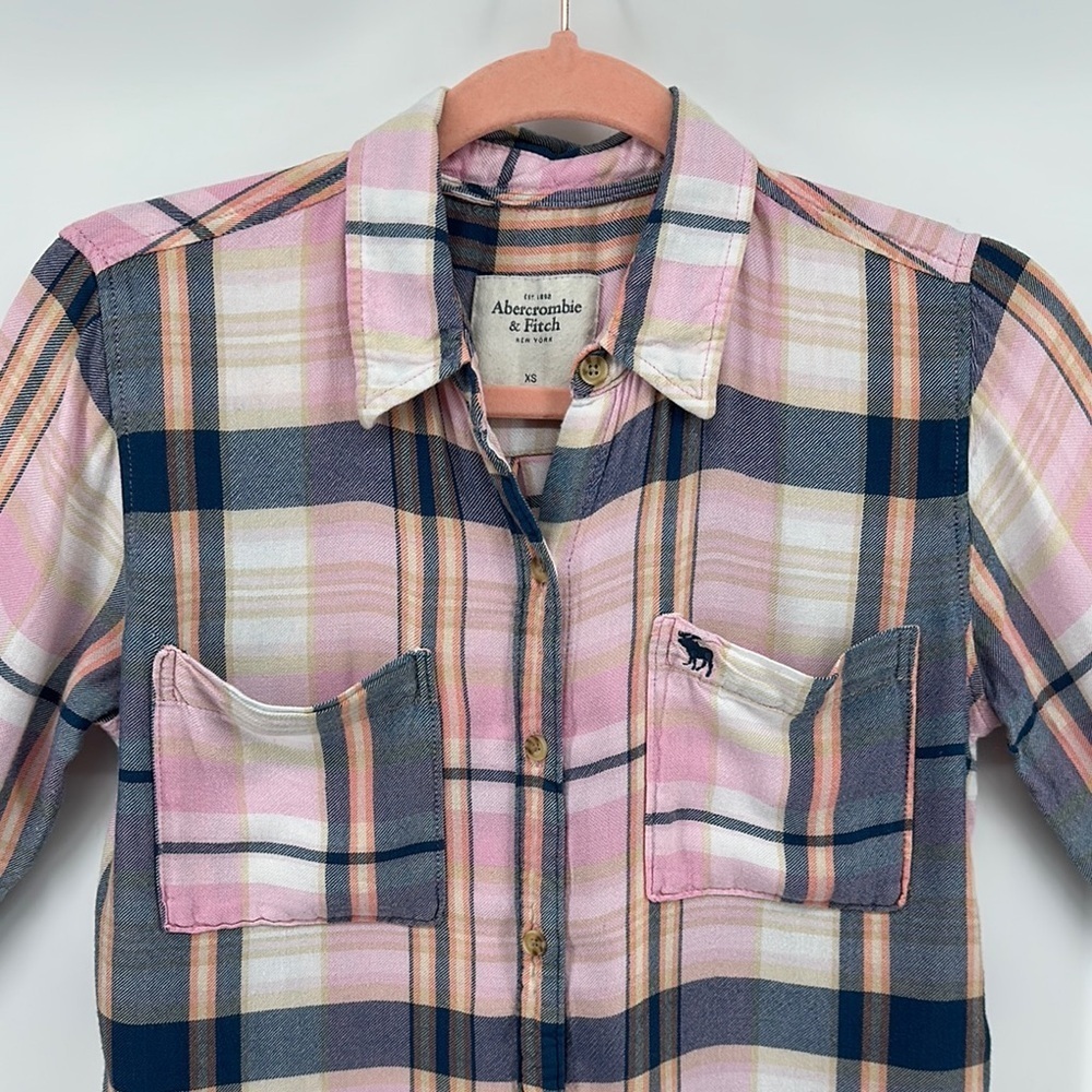 Abercrombie&Fitch Y2K Western Preppy Skater Pink&Blue Long Sleeve B/F Shirt SzXS - Picture 5 of 10